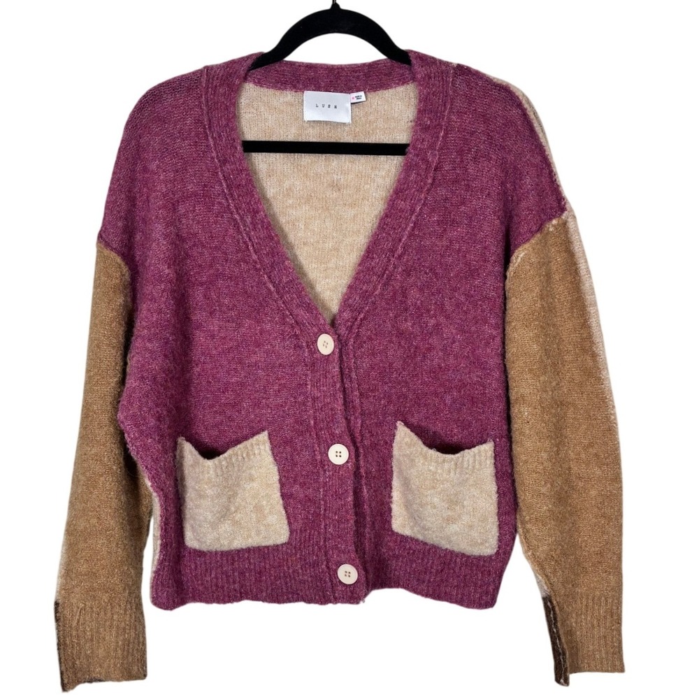 Lush Colorblock Button-Front Cardigan in Berry, Camel & Cream
